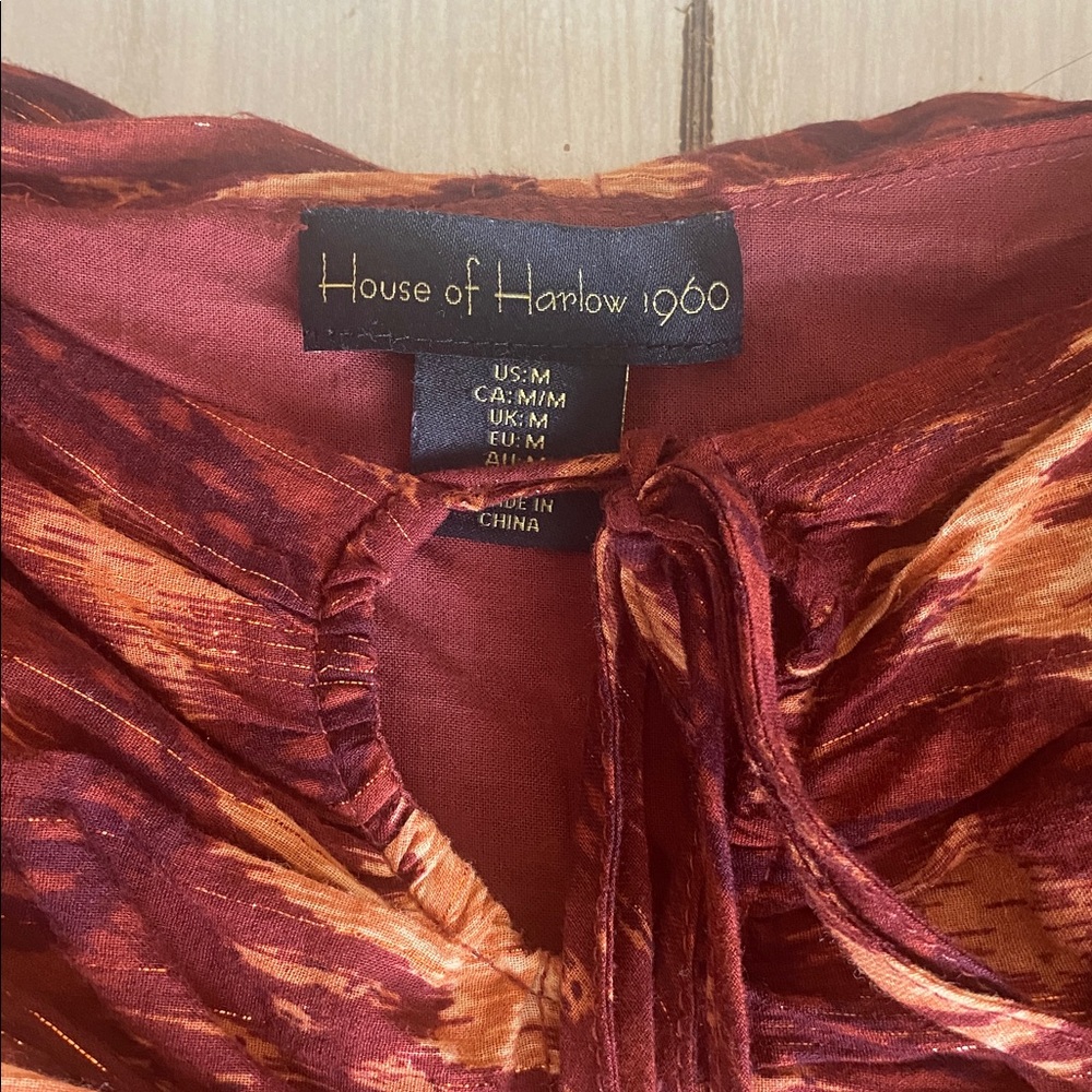 House of Harlow 1960 Rust and Gold Patterned Ruffle Dress Medium - Picture 2 of 3